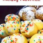 image with text. text reads "italian anise cookies holiday favourites". image is cookies with white hard frosting and colored jimmies with other cookies surrounding.