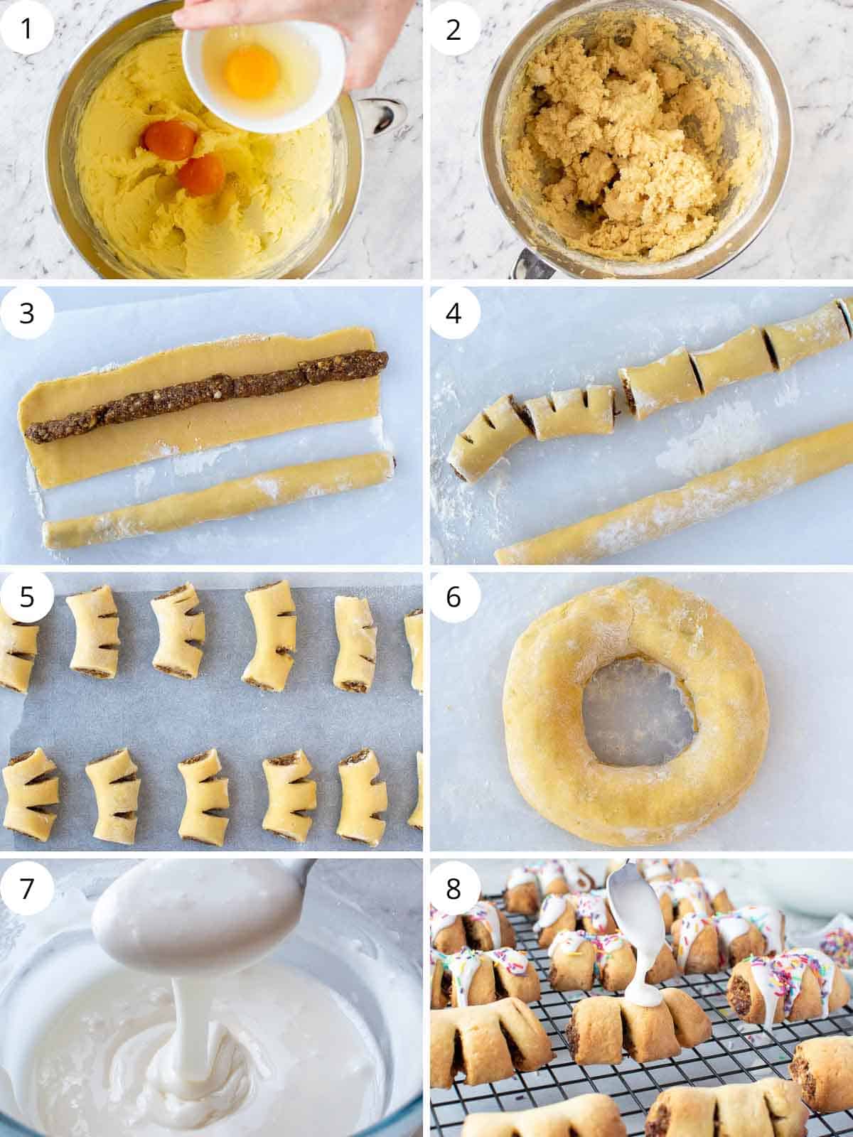 8 step photo collage showing how to make the dough, shape and then decorate these cookies.