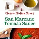 two image with text in between. text read 'classic italian sauce san marzano tomato sauce'. top image is ingredients. bottom image is over head view of tomato sauce in a black skillet.