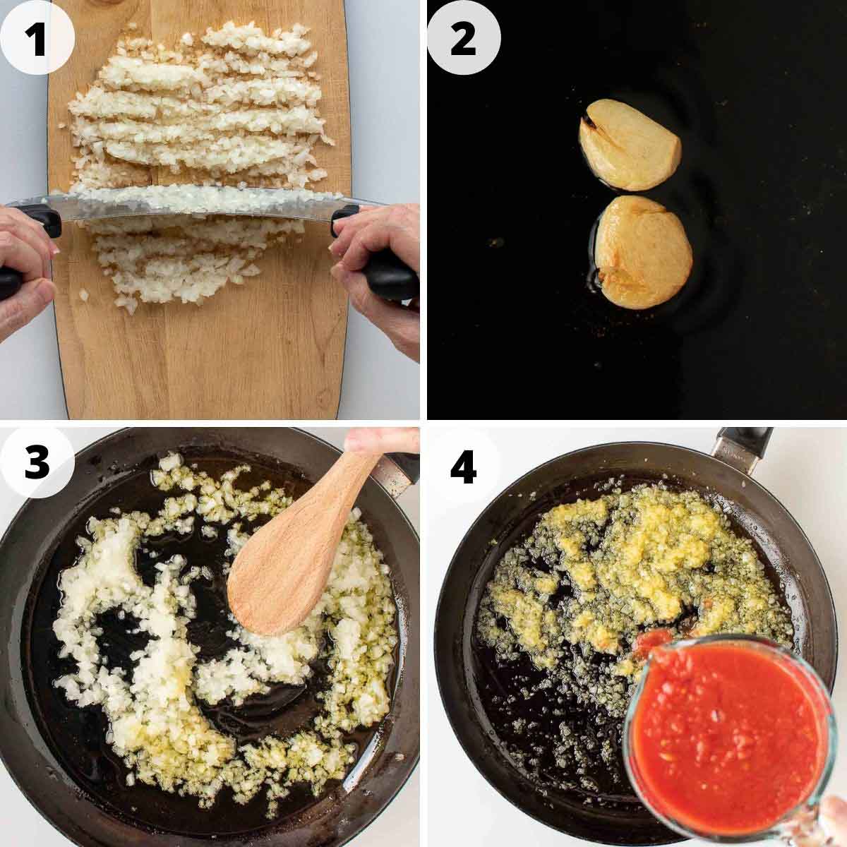A 4 step process images showing how to make san marzano tomato sauce.