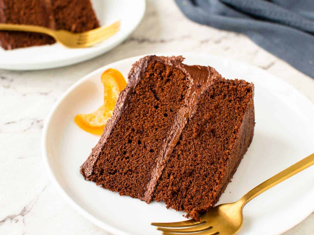 Close up of slice of two layer chocolate cake on white plate with gold fork.