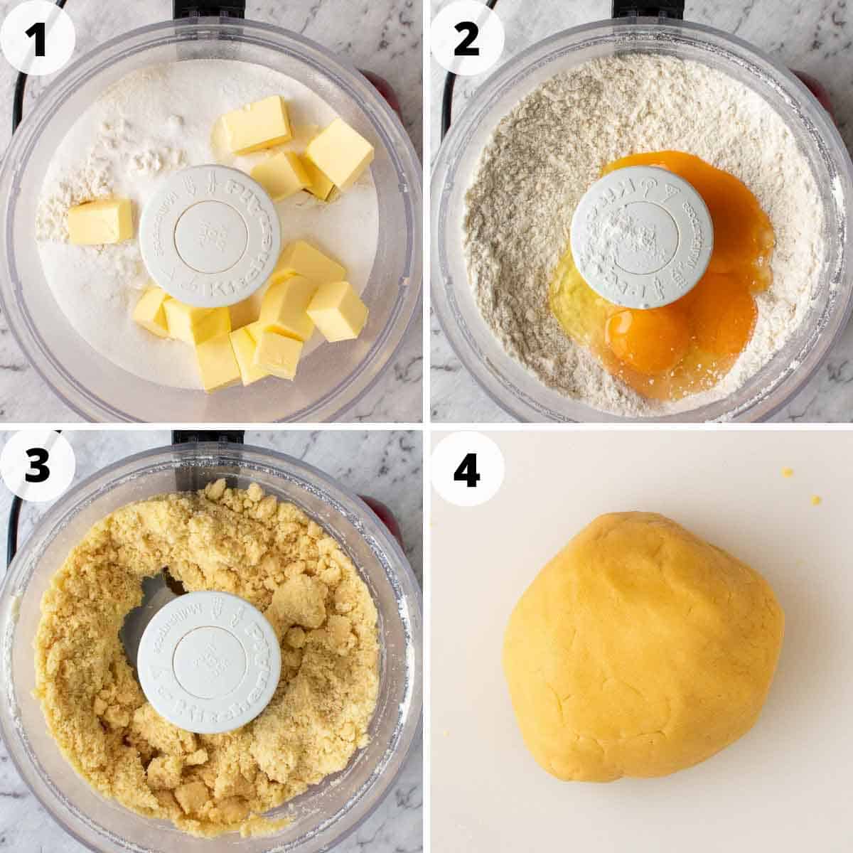 A four step process image showing how to make pie dough for this recipe.