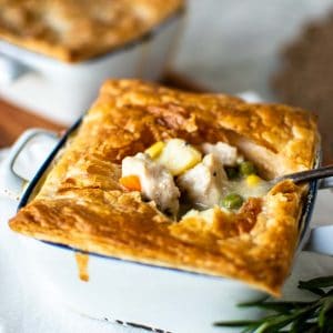 individual chicken pot pie, cut open.