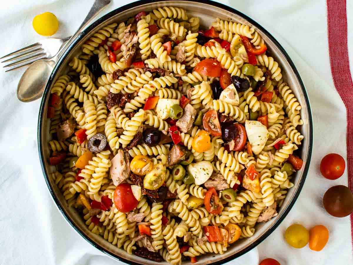 The finished salad in a large bowl viewed from above.