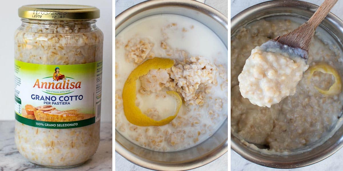 A collage of three steps showing a jar of grano cotto and how to prepare the grano cotto for this recipe.