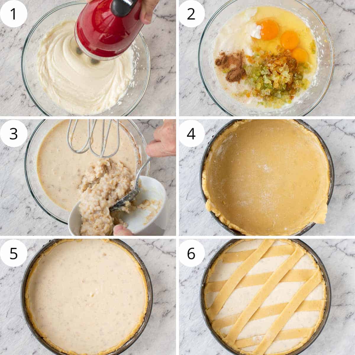 A six step process collage showing how to make the filling and assemble this pie.