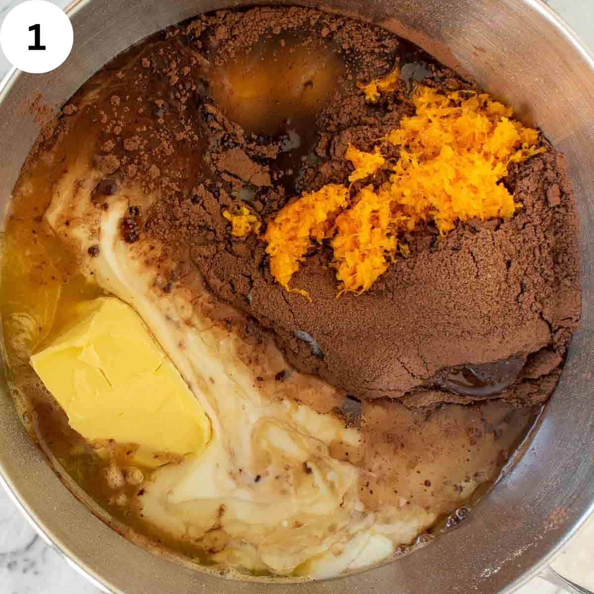Ingredients for the cake batter in a bowl in preparation for beating.