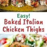 Baked Italian chicken thighs in baking pan garnished with parsley.