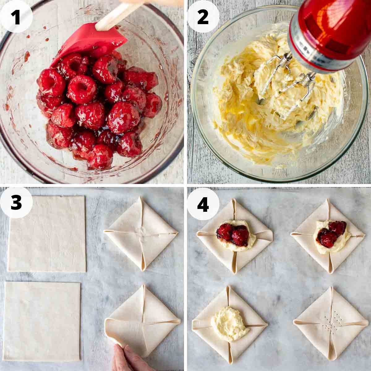 Four step process images showing to make this dessert recipe.