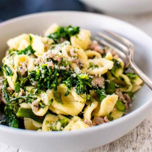 Pasta with broccolini and sausage in a grey bowl.