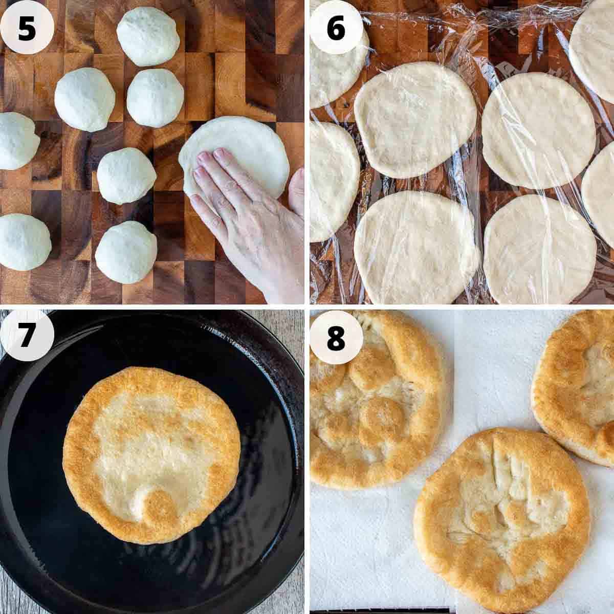 Four step process showing how to shape and fry the pizza bases.