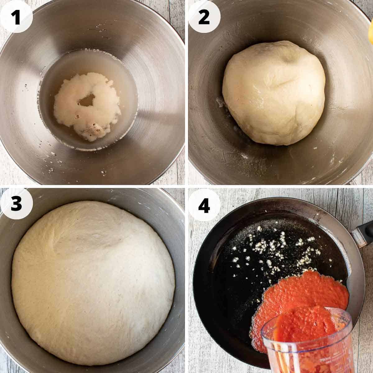 Four step process to make the dough and tomato sauce for this recipe.