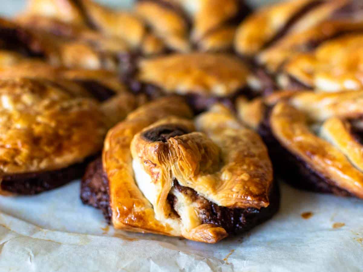 Close up of layers of baked puff pastry.