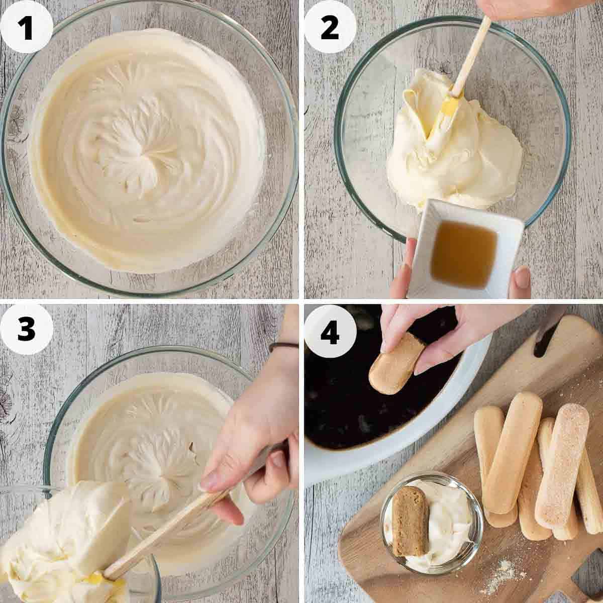 Four steps showing how to make tiramisu in cups.