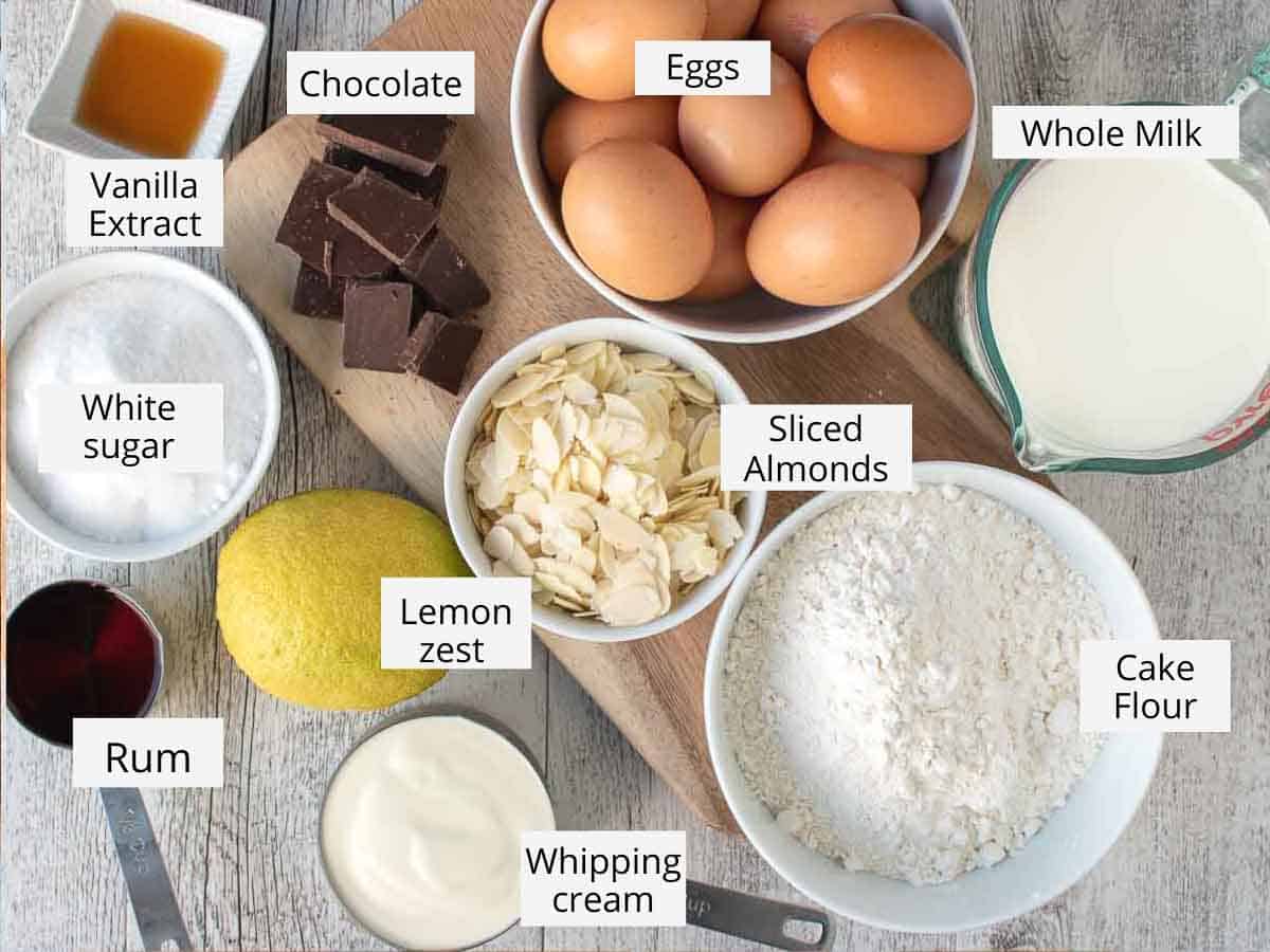 Ingredients for this Italian cake viewed from above.