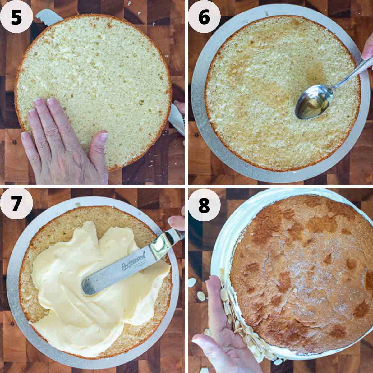 Four step process showing how to assemble this Italian cake.