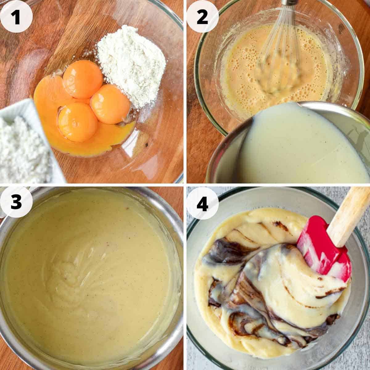 Four step process showing how to make pastry cream for this recipe.