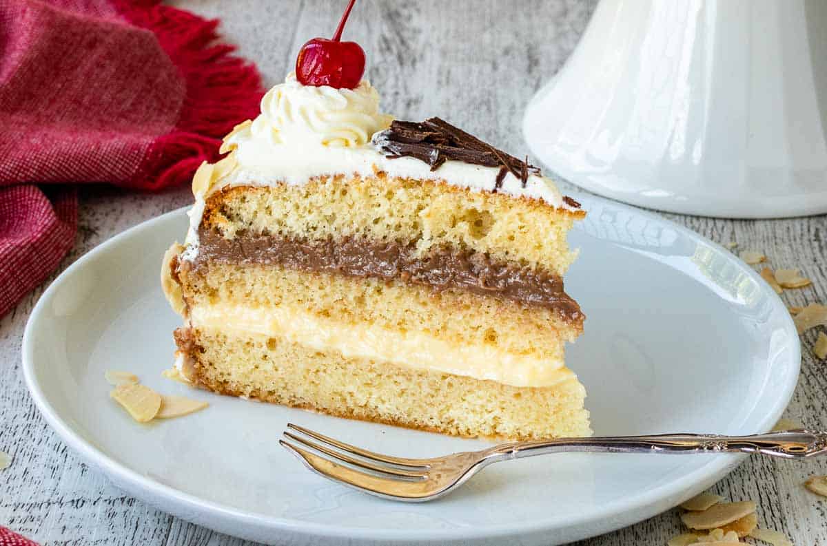 Slice of layer cake on a white plate.