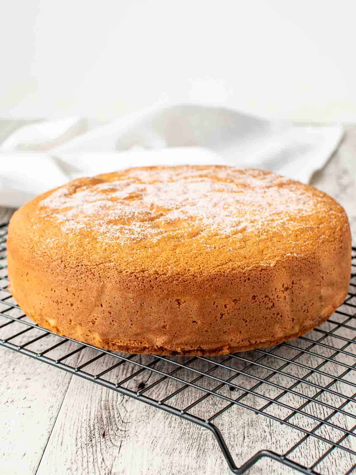 Pan Di Spagna on a black wire rack with granulated sugar on top.