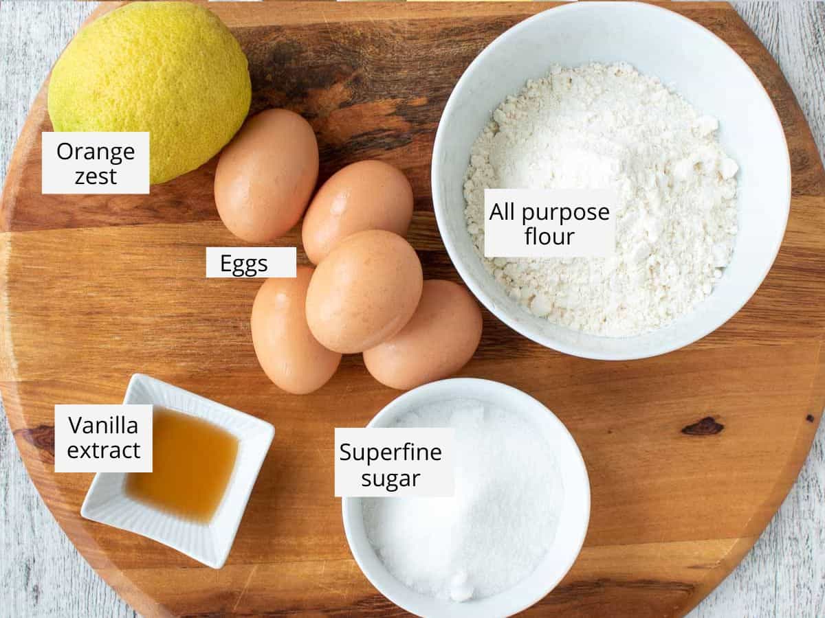 Ingredients for Italian sponge cake viewed from above.