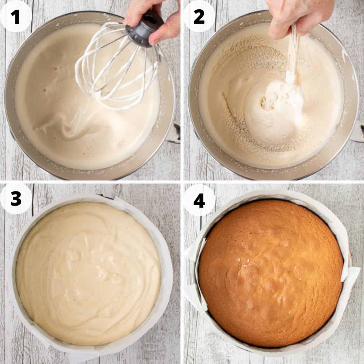 Four step process to making this vanilla sponge cake recipe.