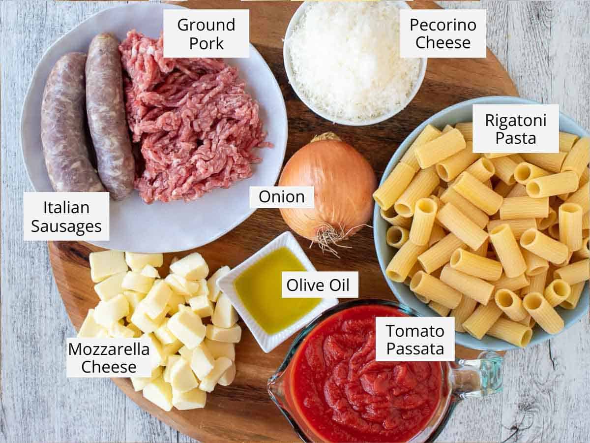 Ingredients for this baked pasta recipe viewed from above.