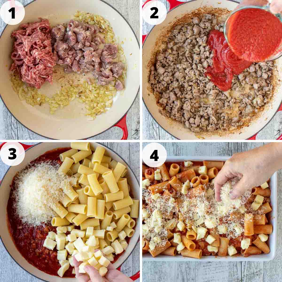 Four step process showing how to make this baked pasta dishe.