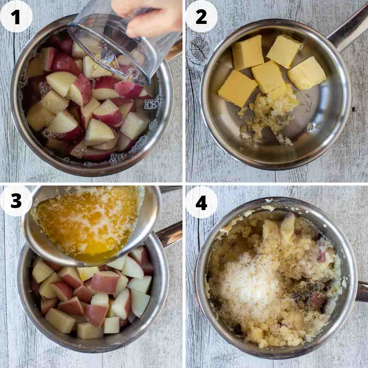 Four step process on how to make this red skin mashed potatoes recipe.