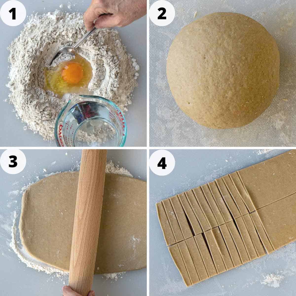 Four step process showing how to make homemade buckwheat pasta.