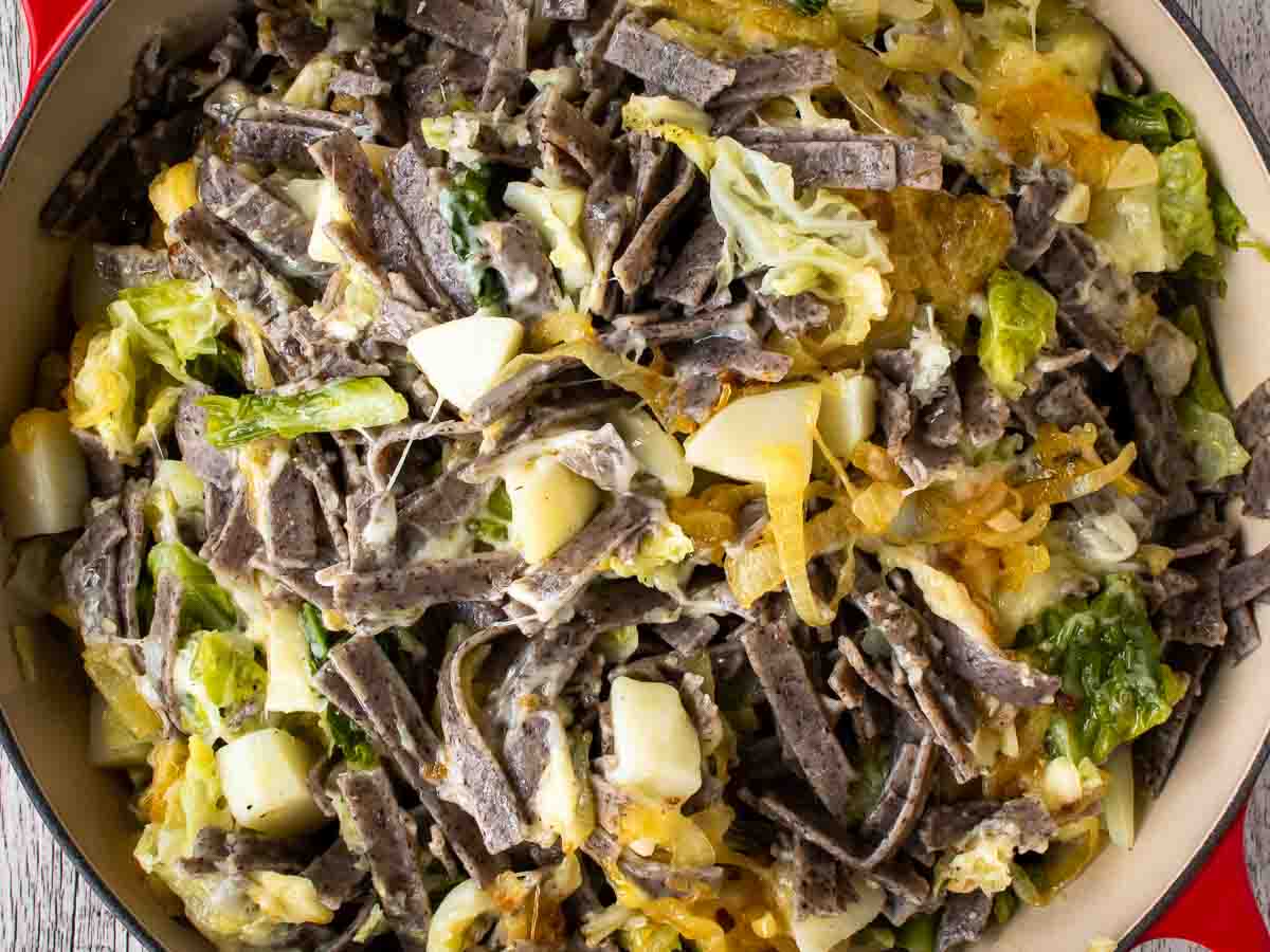 Close up of the buckwheat pasta dish viewed from above.