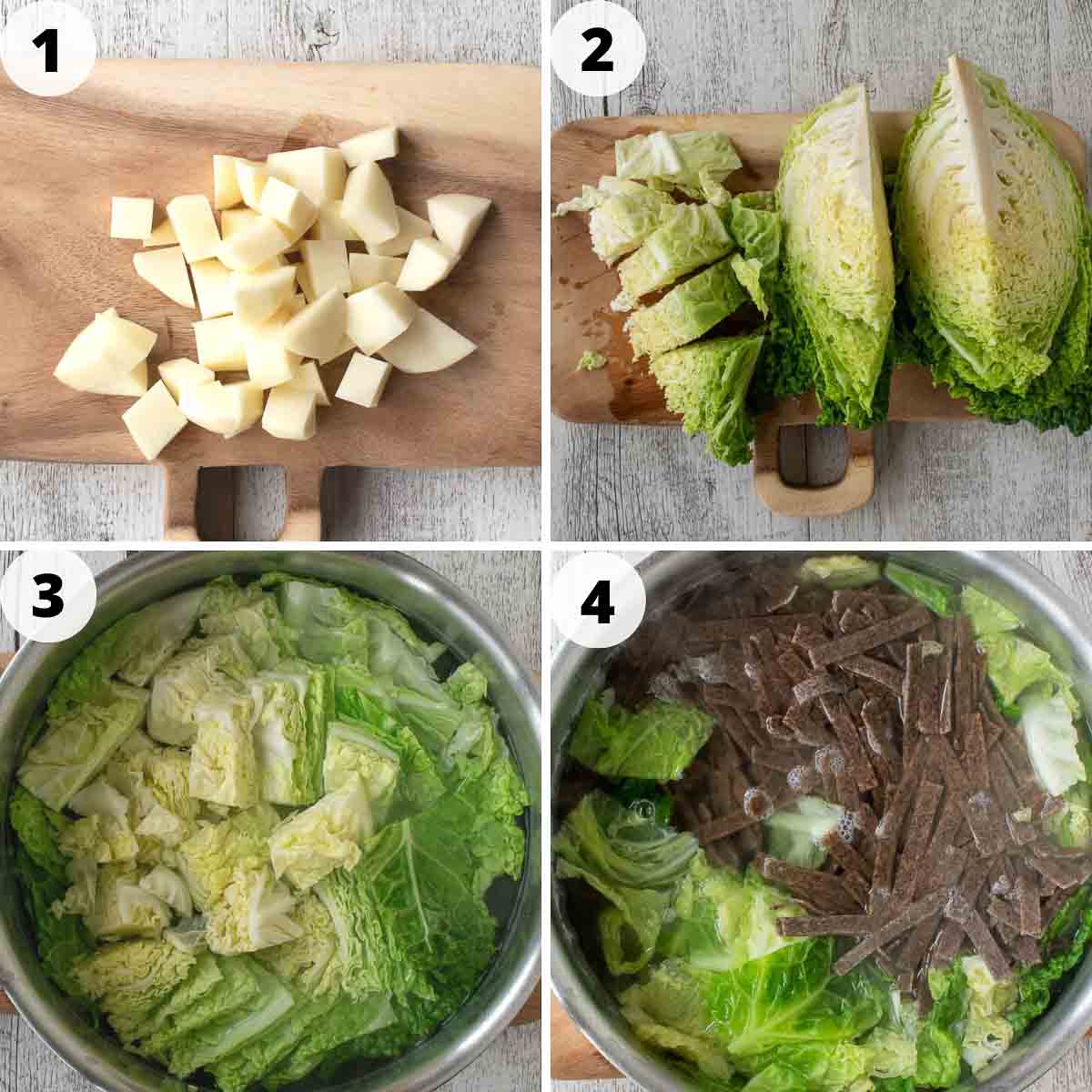 Four step process showing how to prepare this pasta recipe.