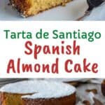 Spanish almond cake on a wooden board with a slice cut and slightly pulled out.