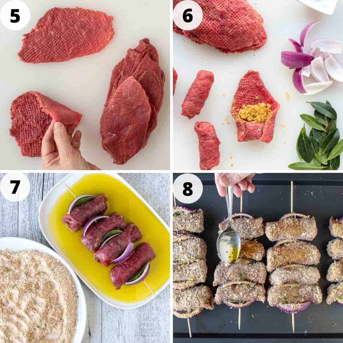 Four step process showing how to prepare these Italian beef rolls.