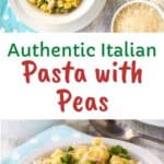 Pasta and peas in a white bowl on a sky blue napkin.