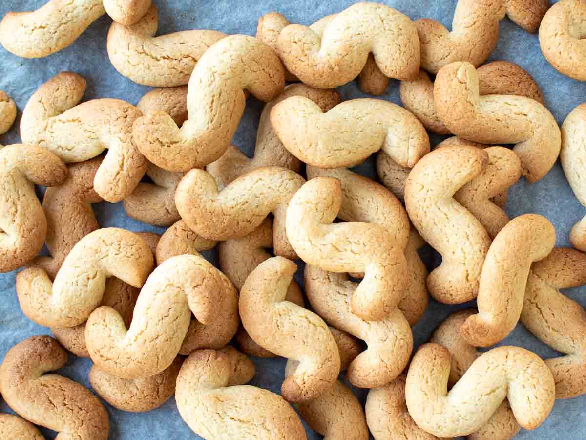 Pile of s shaped cookies viewed overhead.