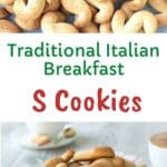 Italian S Cookies piled onto a small white cake stand.