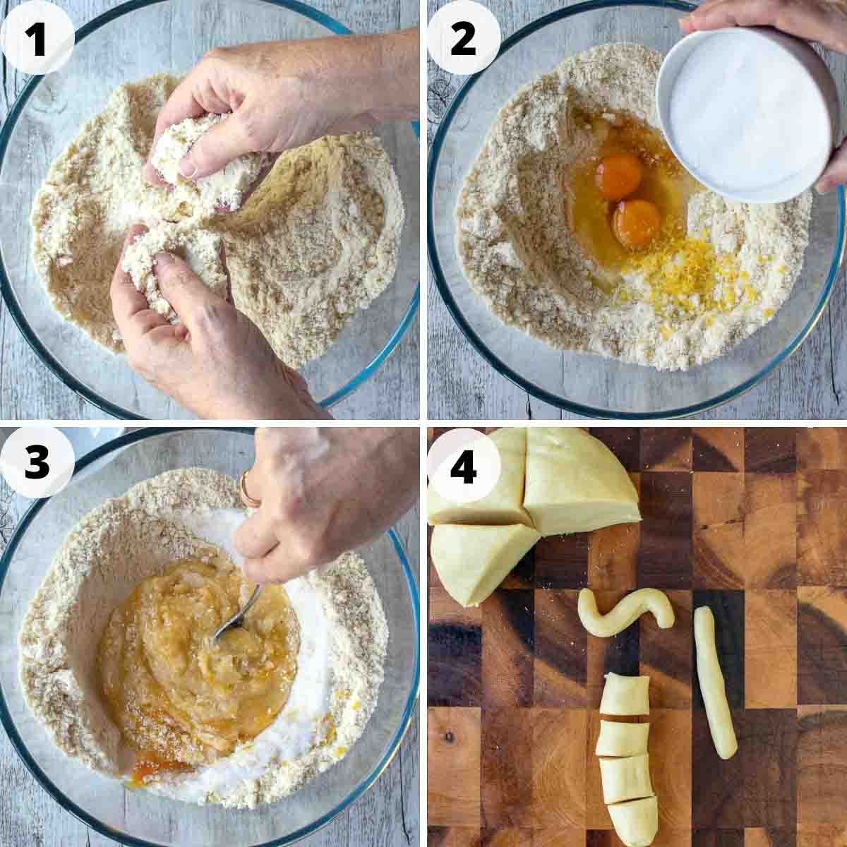 Four step process showing how to make these Italian cookies.