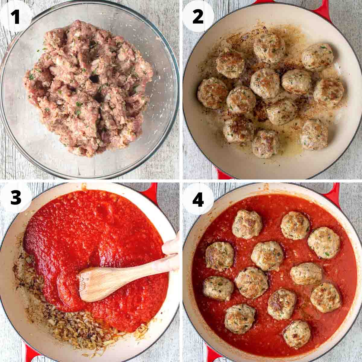 Four step process showing how to make this meatballs in sauce recipe.