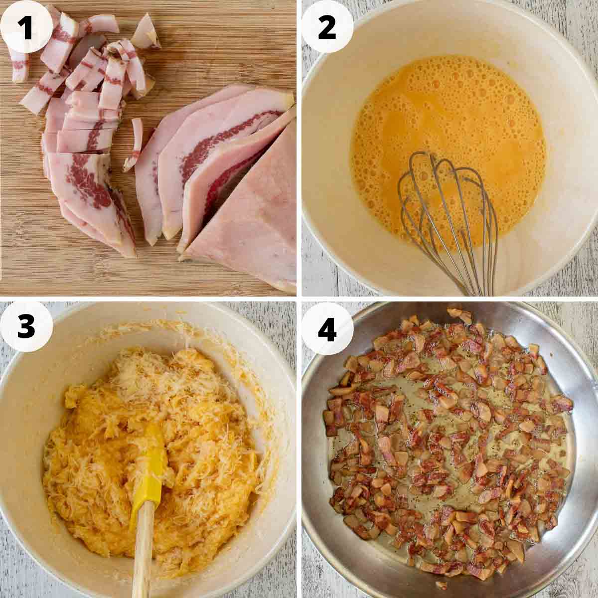 Four step process showing how to make carbonara sauce.