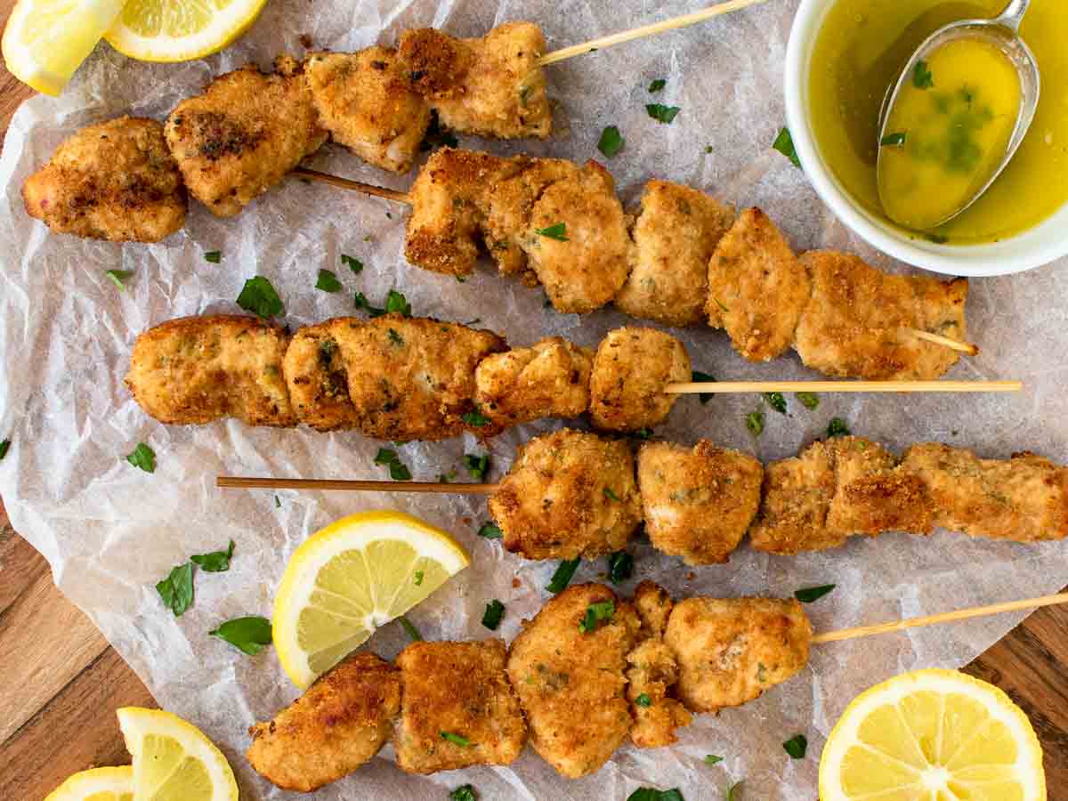 Breaded Chicken Skewers viewed from above.