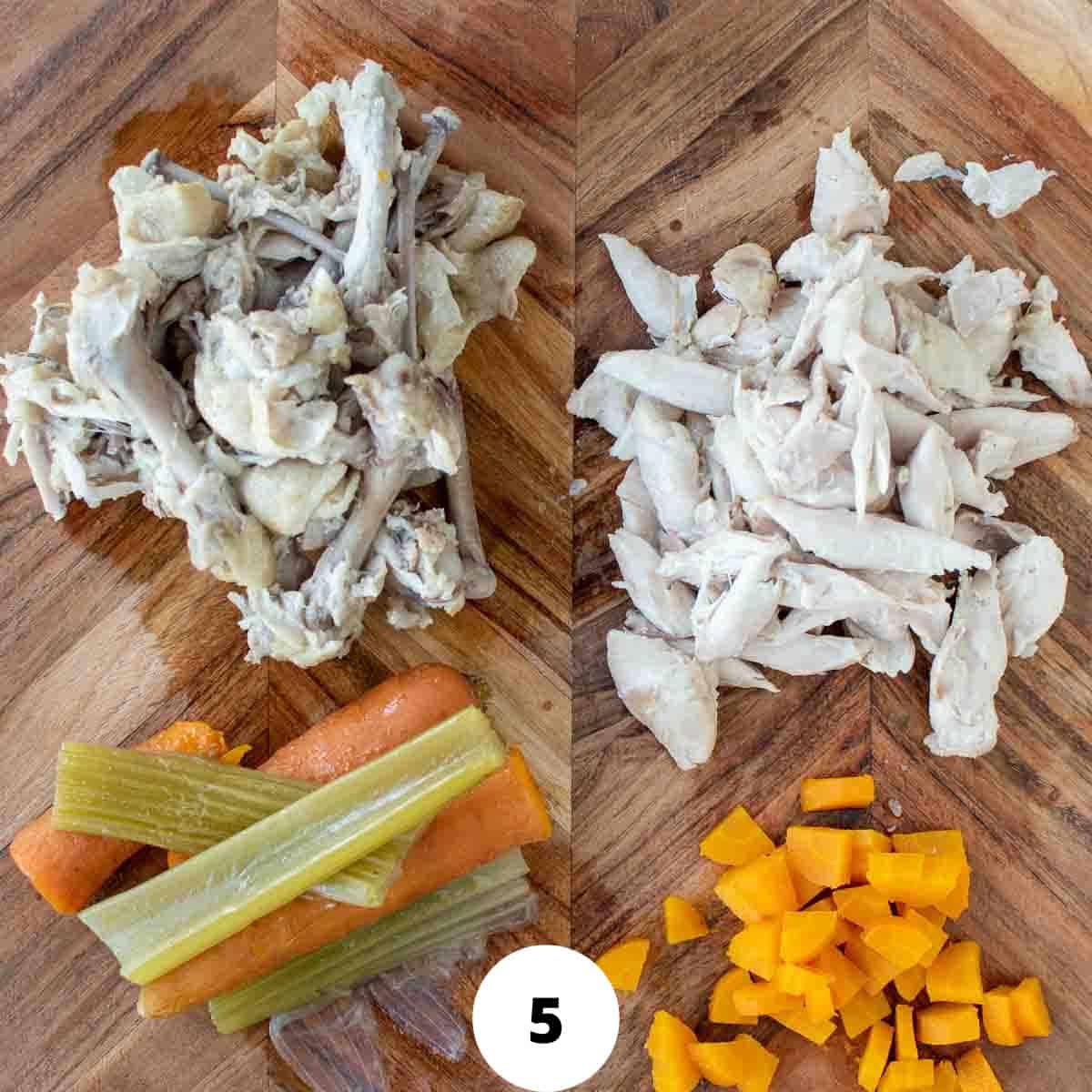 Pile of shredded chicken, pile of chicken bones and skin, pile of cooked celery and carrot, pile of diced carrot.