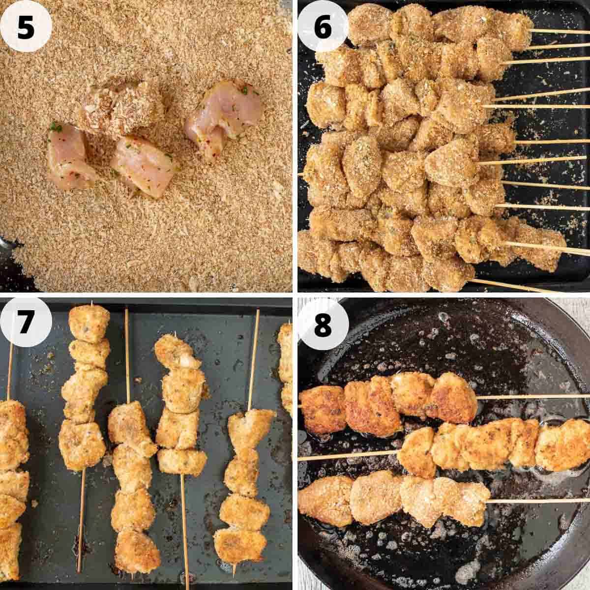 Four step process showing how to bread and cook these chicken skewers.
