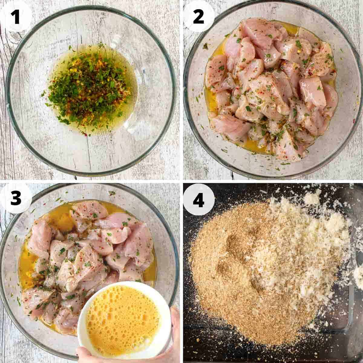 Four step process showing how to prepare these chicken skewers.