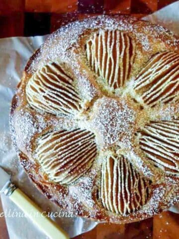 Pear tea cake with hasselback pears on top and dusted with powdered sugar viewed from above.
