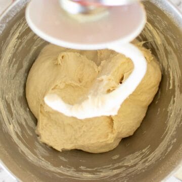 Bread dough in a stainless steel bowl with dough hook viewed from above.