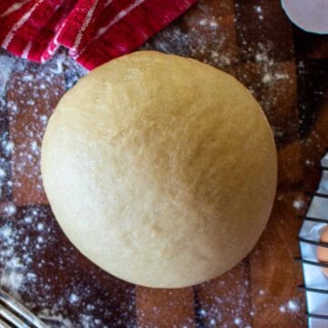 A ball of pasta dough viewed from above.