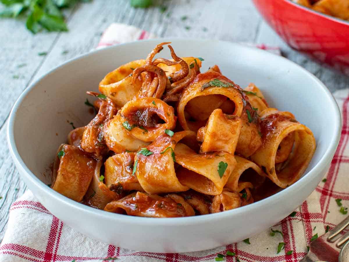 Close up of a bowl of tomato and calamari pasta.