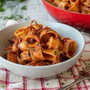 Calamarata pasta in a bowl on red check cloth with red pan in the background.