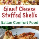 Three giant cheese stuffed shells on a stack of white plates with a gold fork plus a baking dish full of stuffed shells.