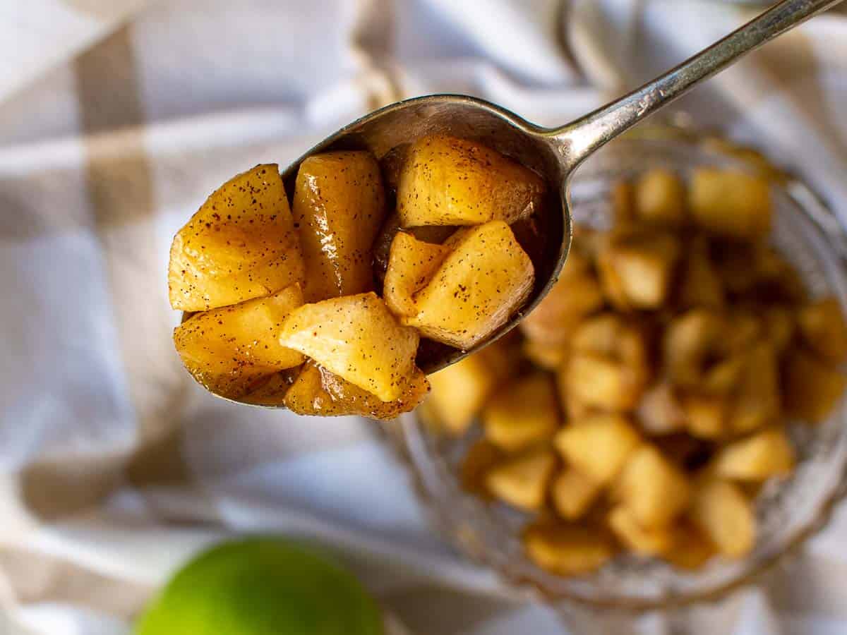 A spoonful of cooked apple with cinnamon.